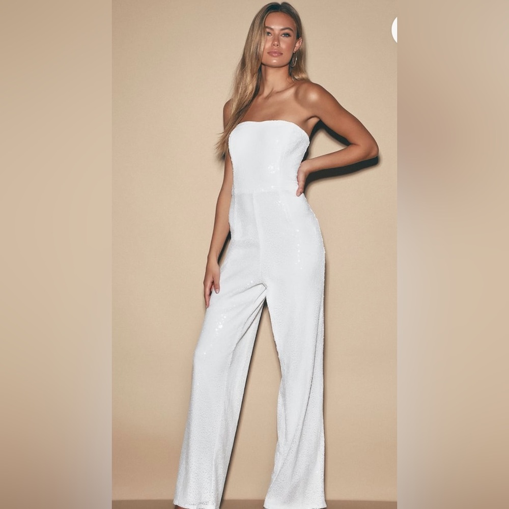 NWT! Like a Diamond White Sequin Strapless Jumpsuit